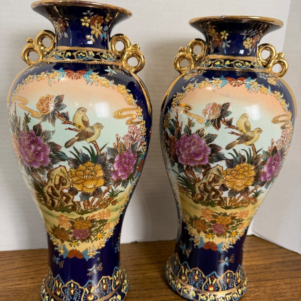 Vintage Satsuma Style Cobalt Blue Moriage Porcelain Vases Pair 14" Gold Floral